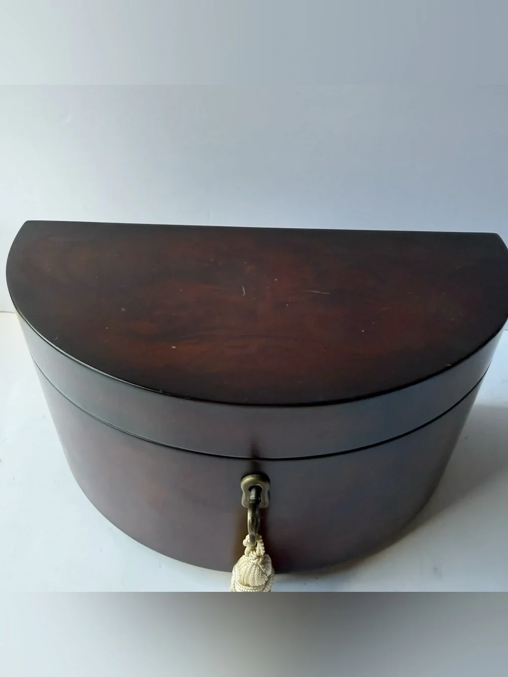 Bombay Co Half Moon Cherry Burlwood Finish Jewelry Box Tassel Key Brass Feet